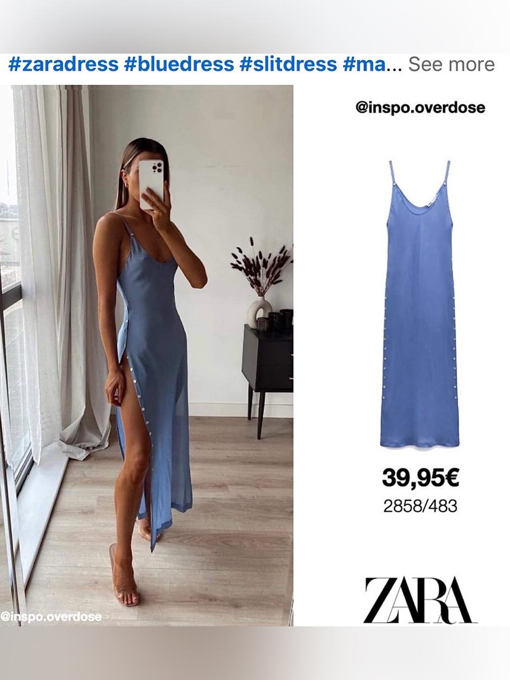 Zara Sky Blue Slit Long Top NWT